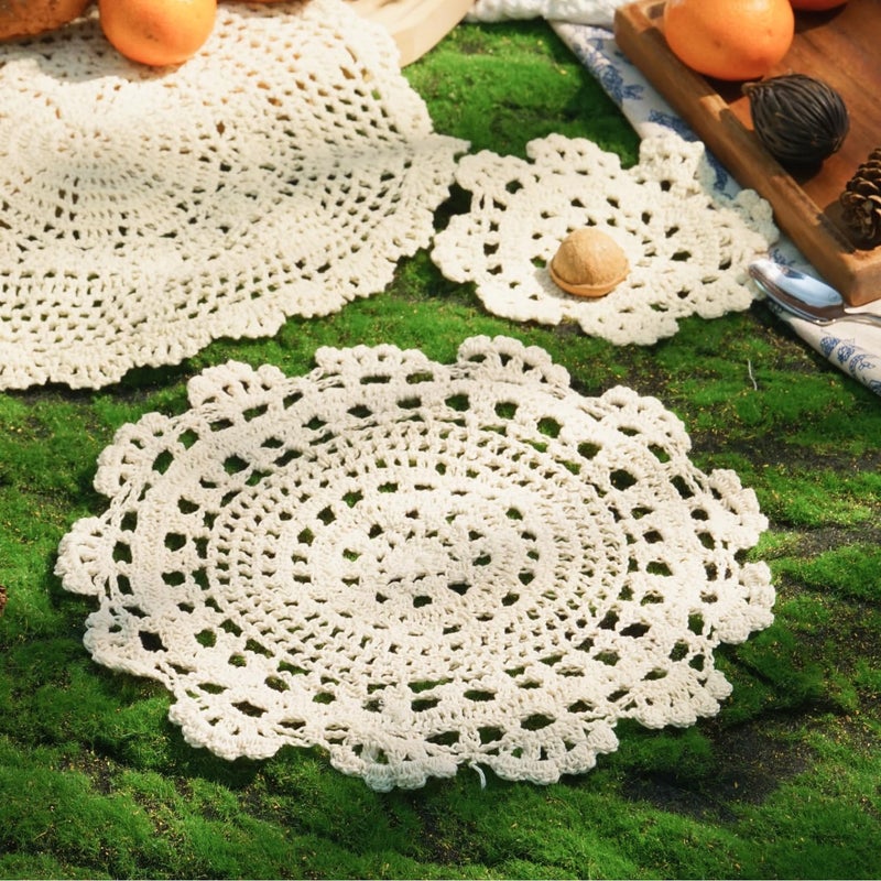 Phantomon 10 Inch Handmade Crochet Round Cotton Lace Table Placemats Doilies Pack of 4, Beige - Image 3